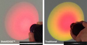 Collimated LED light projected through 3.5mm FL lens with red bandpass filters. The traditional filter exhibits angular shifting out towards the edges. Inset: Red Laser line imaged through same lens. (Bild: Midwest Optical Systems)