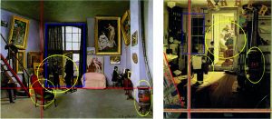 Bild 2: Der gleiche Algorithmus fand auch Einflüsse bei Frédéric Bazilles 'Bazilles Atelier in der Rue Condamine 9' (links) mit Norman Rockwells 'Shuffleton's Barbershop' (rechts). Die gelben Kreise zeigen ähnliche Objekte an, die roten Linien die ähnliche Komposition und die blauen Rechtecke markieren ähnliche Strukturelemente. (Bild: ©Wikimedia Commons/gemeinfrei (links) / ©Norman Rockwell(rechts))