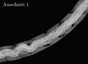 Bild 1 a und b: Schnitt durch Original CT-Datensatz von CFK-Rohr (a), Schnitt durch analysierte CT-Daten mit markierten Poren (b) (Bild: Fraunhofer-Institut IPA)