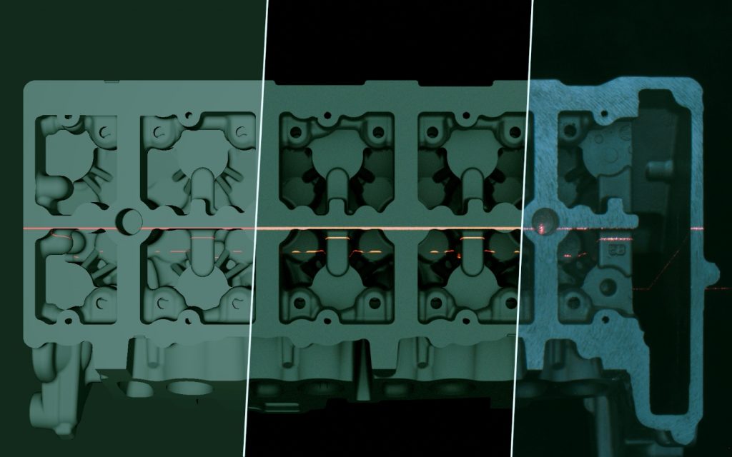 Simulation der gewinnung zur Auslegung eines Triangulationssensors für einen gegossenen Motorblock; Real-time-Rendering (links), Rendering mittels Mitsuba (Mitte), reales (rechts). (Bild: KIT, Lehrstuhl für Computergrafik)