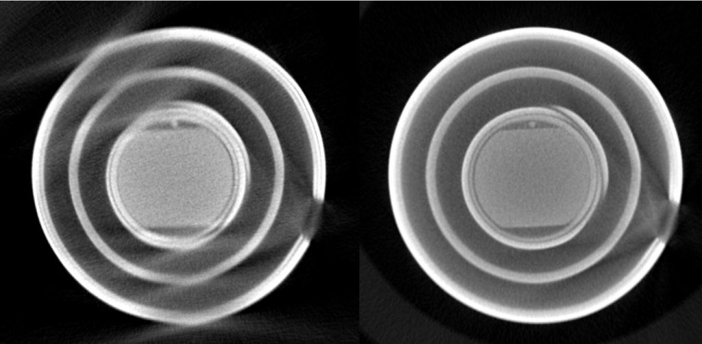 xy-Schnittebene des rekonstruierten Volumens einer Zündspule, gemessen an einer CT-Anlage unter Anwendung einer simultanen Messung von drei Objekten (l.), sowie der PolyCT optimierten Simultanmessung (r.). (Bild: Fraunhofer IIS)