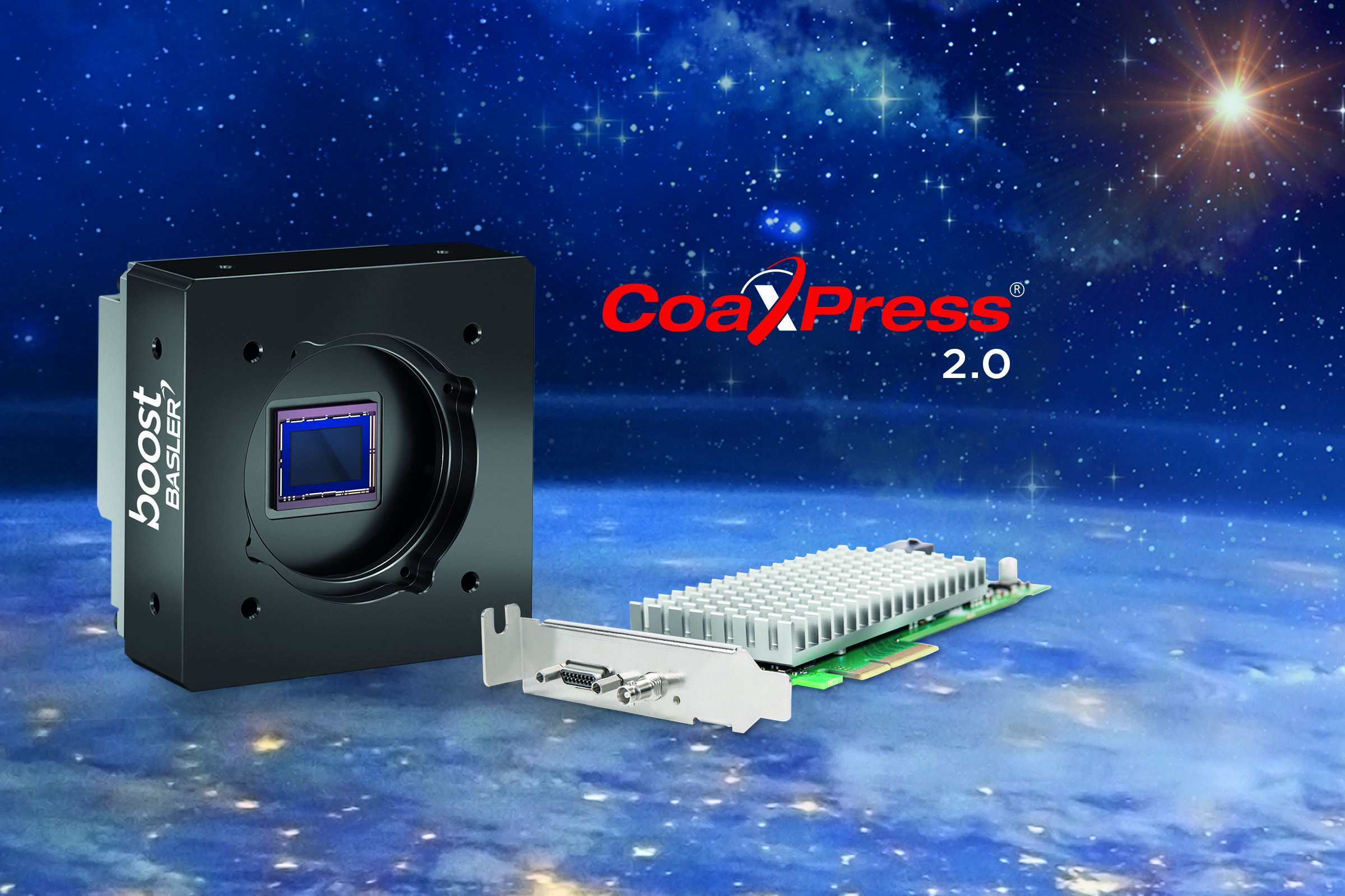 Bild 1 | Basler bietet neben der CXP-2.0-Kamera Boost zudem die eigens designte CXP-12-Schnittstellenkarte an. Kombiniert mit der Kamera bilden beide das Basler Boost Bundle. (Bild: Basler AG)