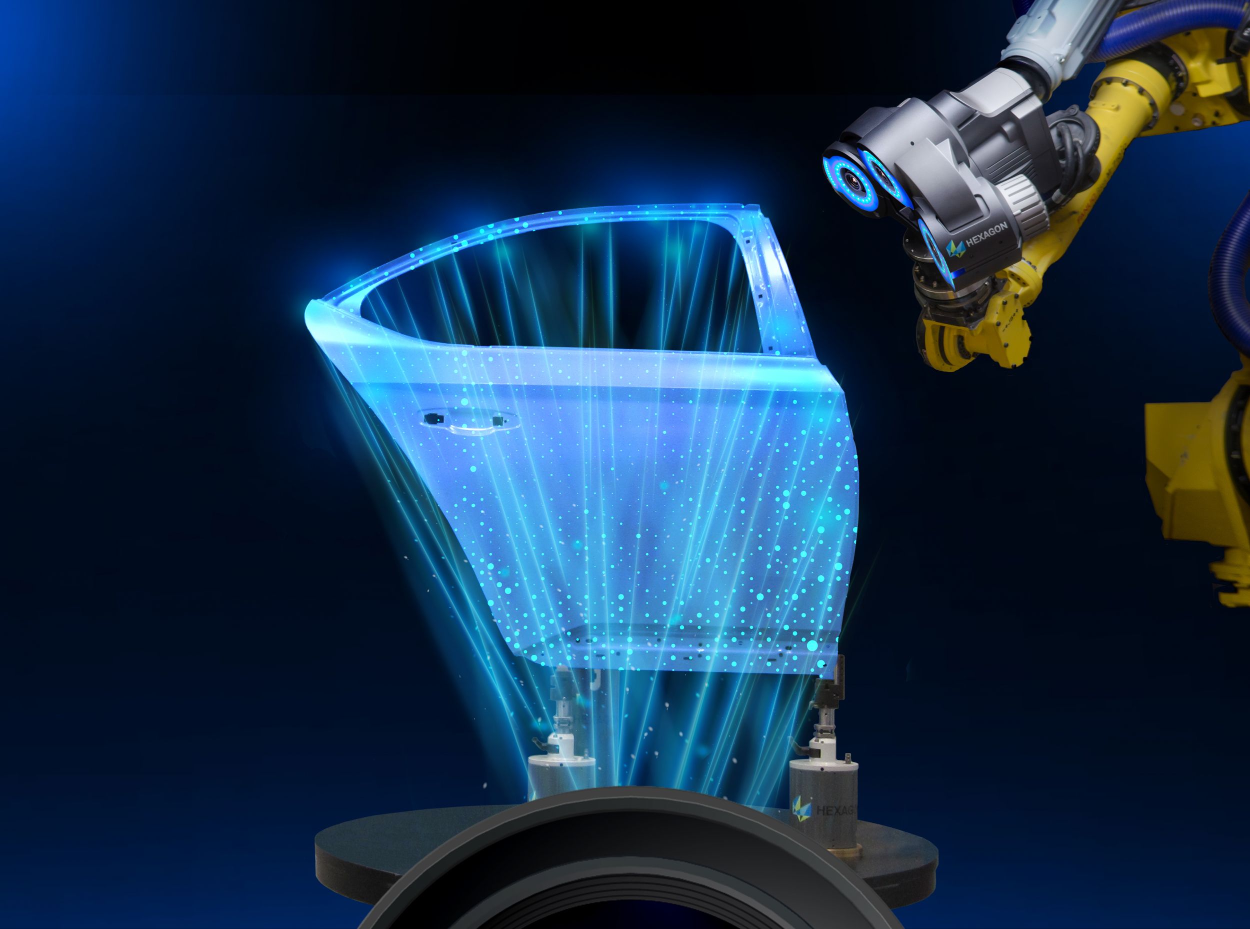 Das LightRunner System projeziert automatisch Millionen von Referenzpunkten auf die Oberfläche eines Bauteils, um eine konstante absolute Positionierung für berührungslose optische High-Speed-3D-Messsysteme zu gewährleisten. (Bild: Hexagon Metrology GmbH)