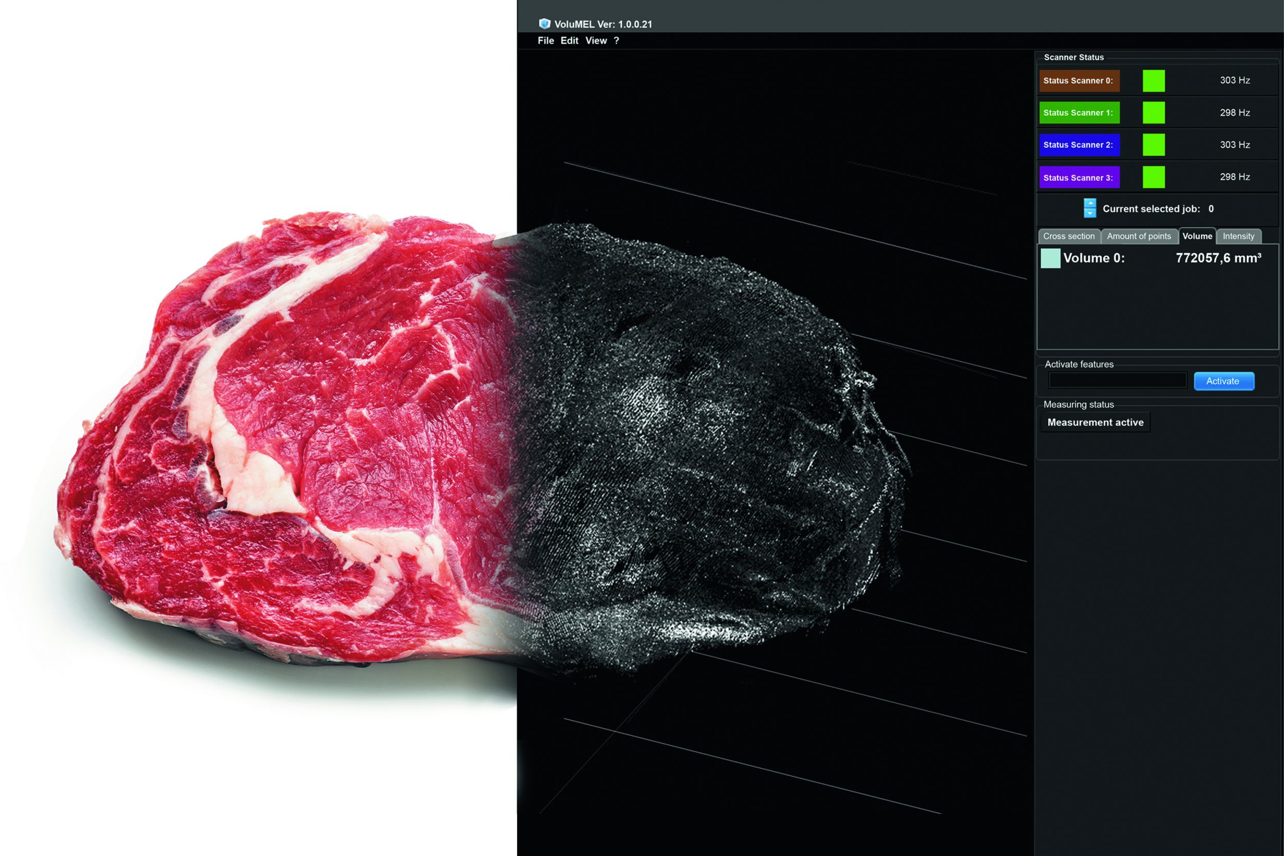 Objekte wie Fleisch, Fisch, Obst oder Gemse lassen sich mit der 3D-Technologie vermessen und per 3D-Punktewolke mikrometergenau virtuell abbilden, um beispielsweise dessen Volumen genau zu berechnen. (Bild: Wenglor Sensoric GmbH)