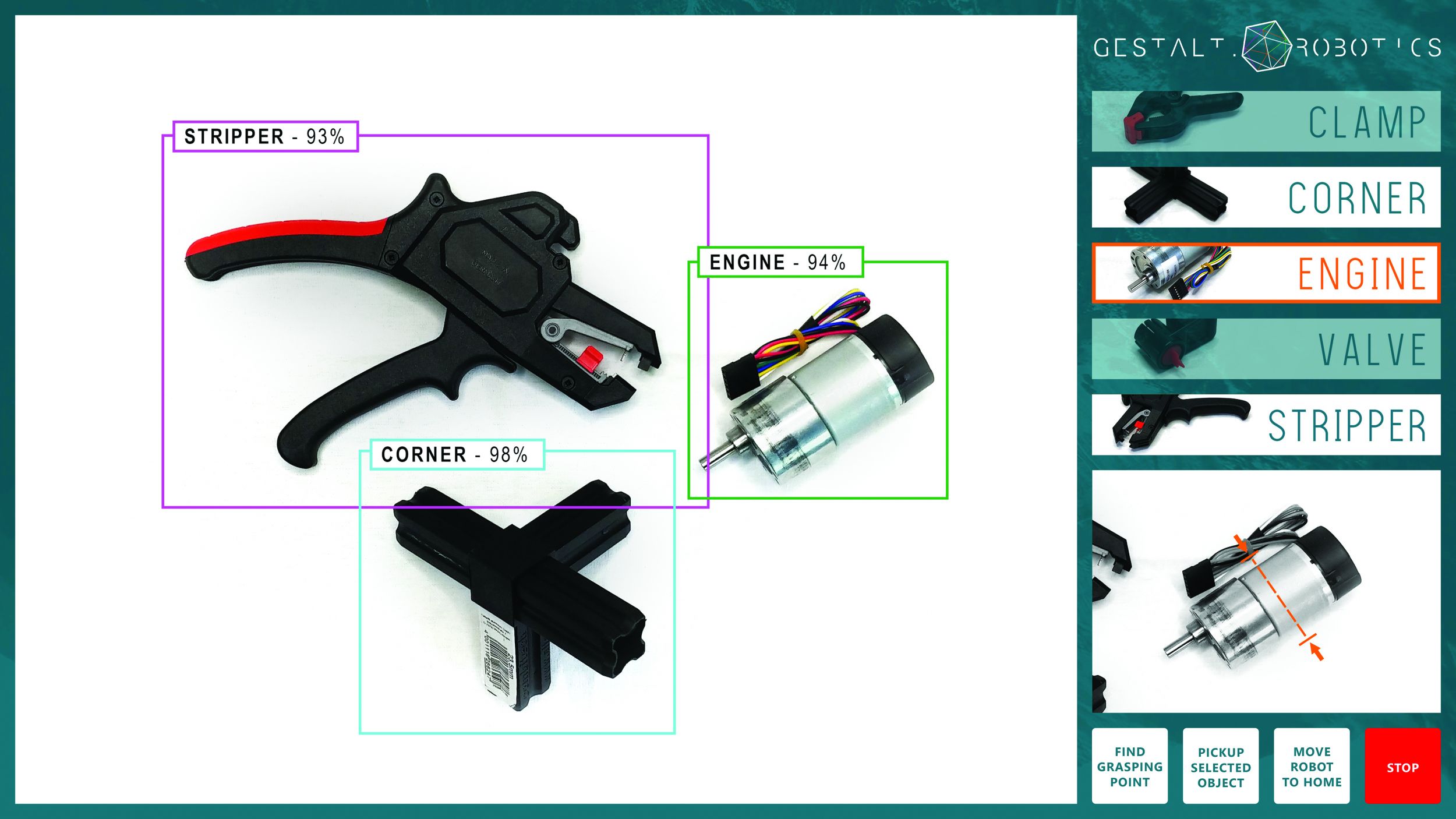 Bild 1 | Semantisches Interface zum flexiblen Greifen durch Objekterkennung (links) und KI-gestützter Greifpunkterkennung (unten rechts) (Bild: GESTALT Robotics GmbH)
