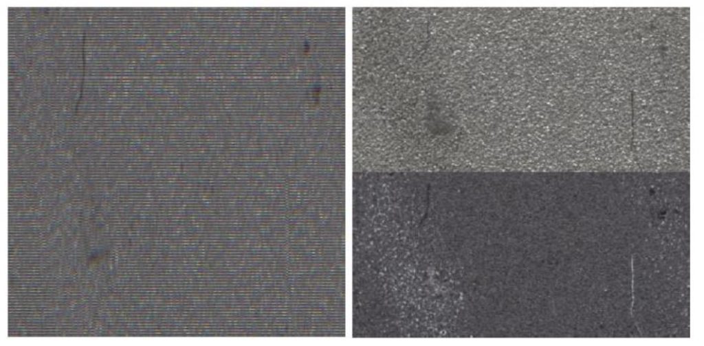 Image 1 | Flash mode acquisition of metal sample with two different illumination geometries. Left: raw camera output. Right: Separated individual images with color plane correction. (Bild: Chromasens GmbH)