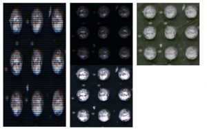 Image 3 | HDR demonstration on ball grid array sample. Left: Interlaced image. Middle: Separated images with different exposure times. Right: HDR image. (Bild: Chromasens GmbH)