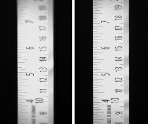 Bild 1 | Geneigte Abbildung mit telezentrischem Objektiv. Links ohne, rechts mit Scheimpflug-Adapter.  (Bild: Evotron GmbH & Co. KG)