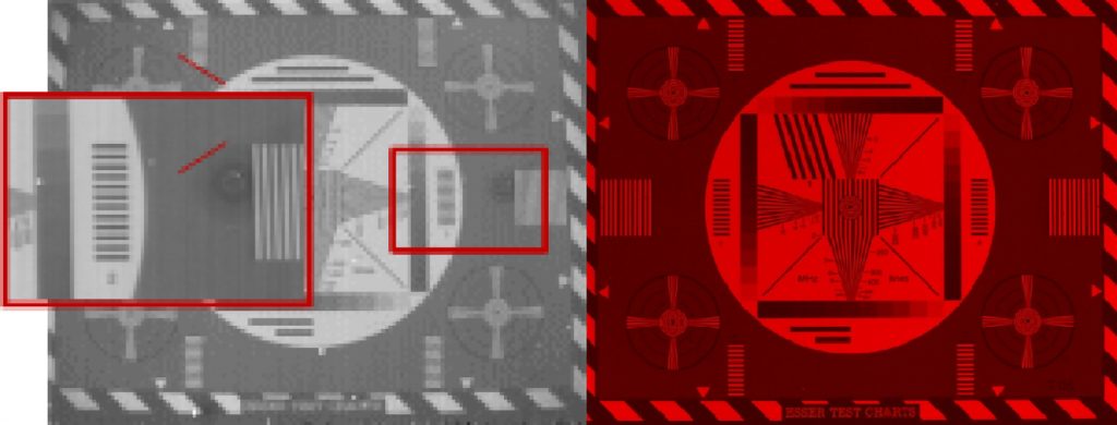  RAW eines InGaAs-Sensors (l.) mit typischen artefakten (vertikal Streifen, Flip-Chip Bondingfehler und teilweise Pixel Cluster Defekte) und durch Kamera-seitige korrekturfunktionen und SensorkÃ¼hlung optimiertes (r.). (Bild: Allied Vision Technologies GmbH)